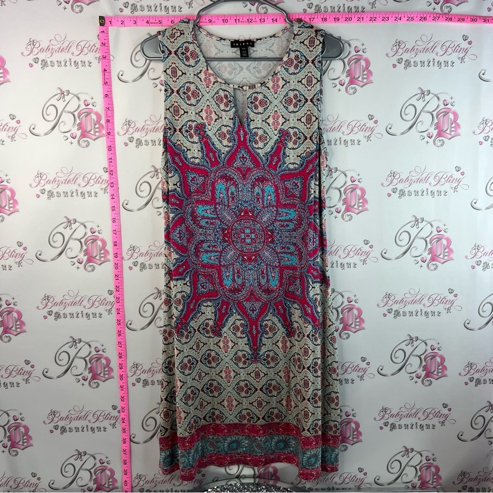 Tribal Sleeveless Patterned Shift Dress in Teal, Fuchsia and Cream
